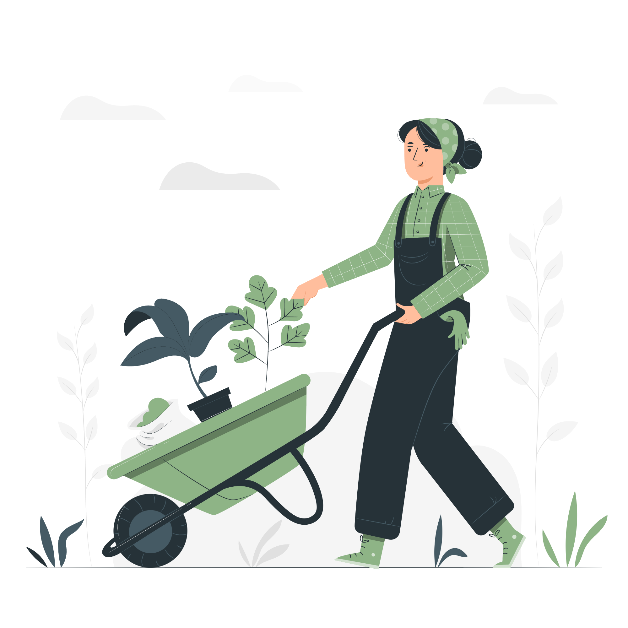ilustração de uma mulher empurrando um carrinho de mão com mudas de planta dentro